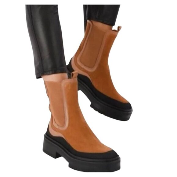 🆕  Sam Edelman Lulia Camel Suede Chunky Ankle boots size 7.5 - Picture 1 of 9